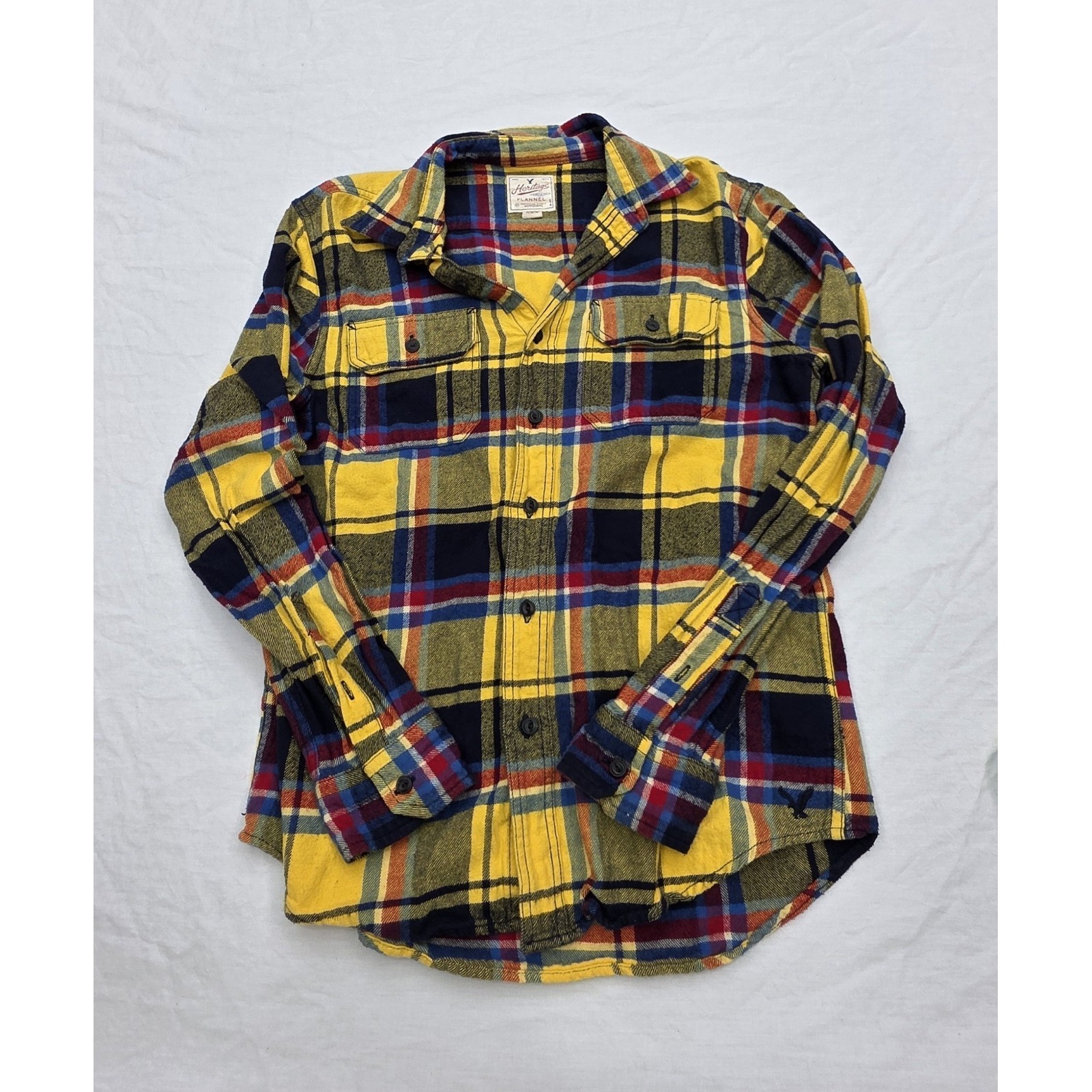 Heritage By American Eagle Yellow Red Blue Flannel Button Down Men's Shirt Size